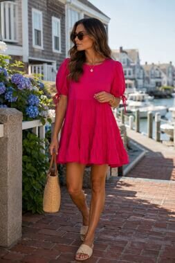 Merlette 100% Cotton Hot Pink Sering Tiered Ruffle Swing Mini Dress Size Small